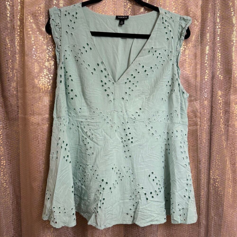 Torrid Eyelet Pointelle Ruffle Sleeve Babydoll Top Mint Green 0 Large
